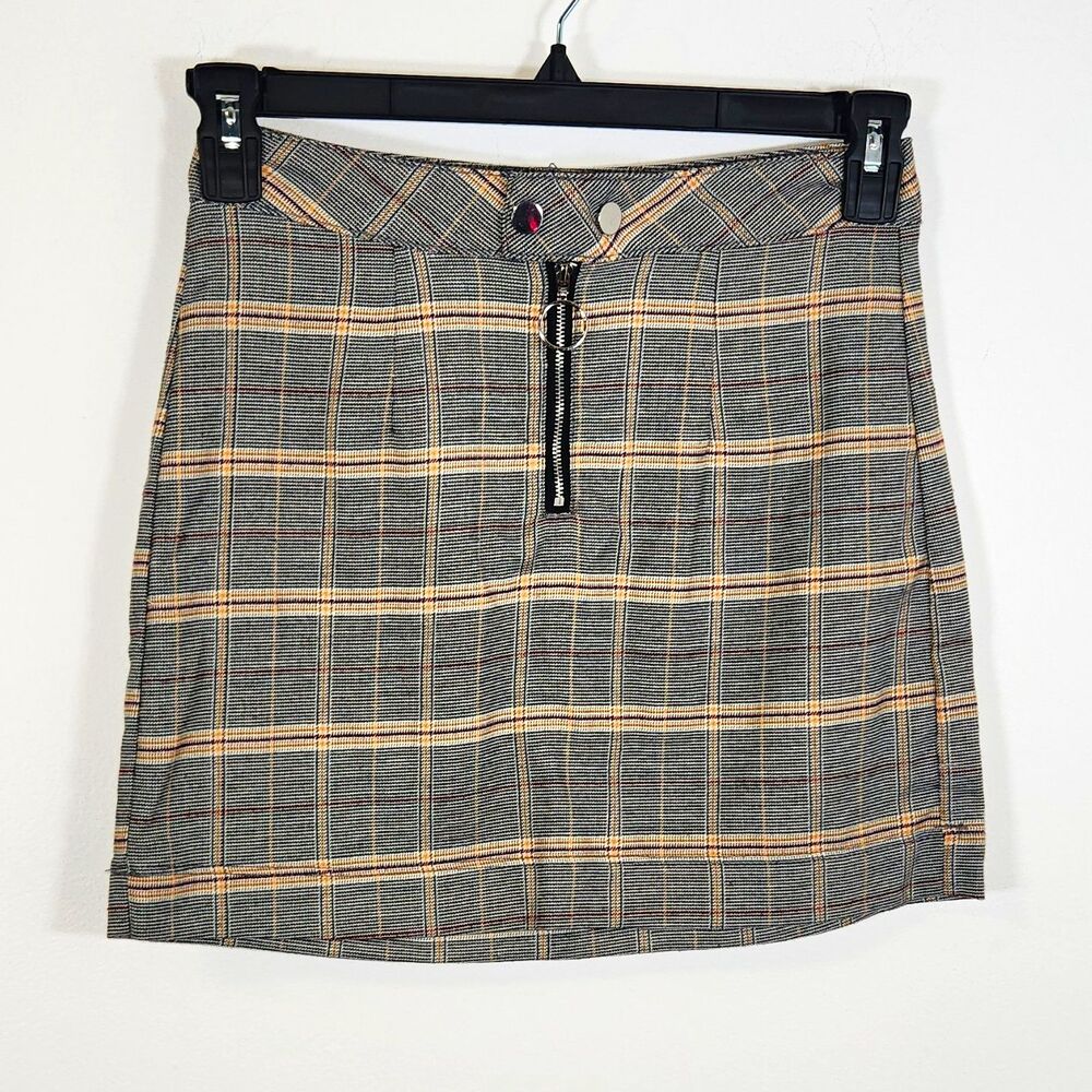 PacSun Black White Beige Plaid Y2K High Rise Stretch Mini Skirt XS Front Zip